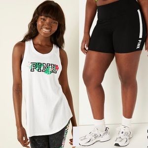 VS Pink slit back tropical tank top with matching black & white biker shorts